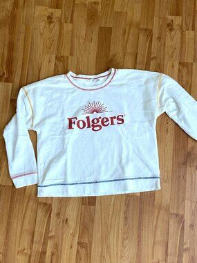 Camp David White boxy crewneck long sleeve sweatshirt with Folgers Coffee logo